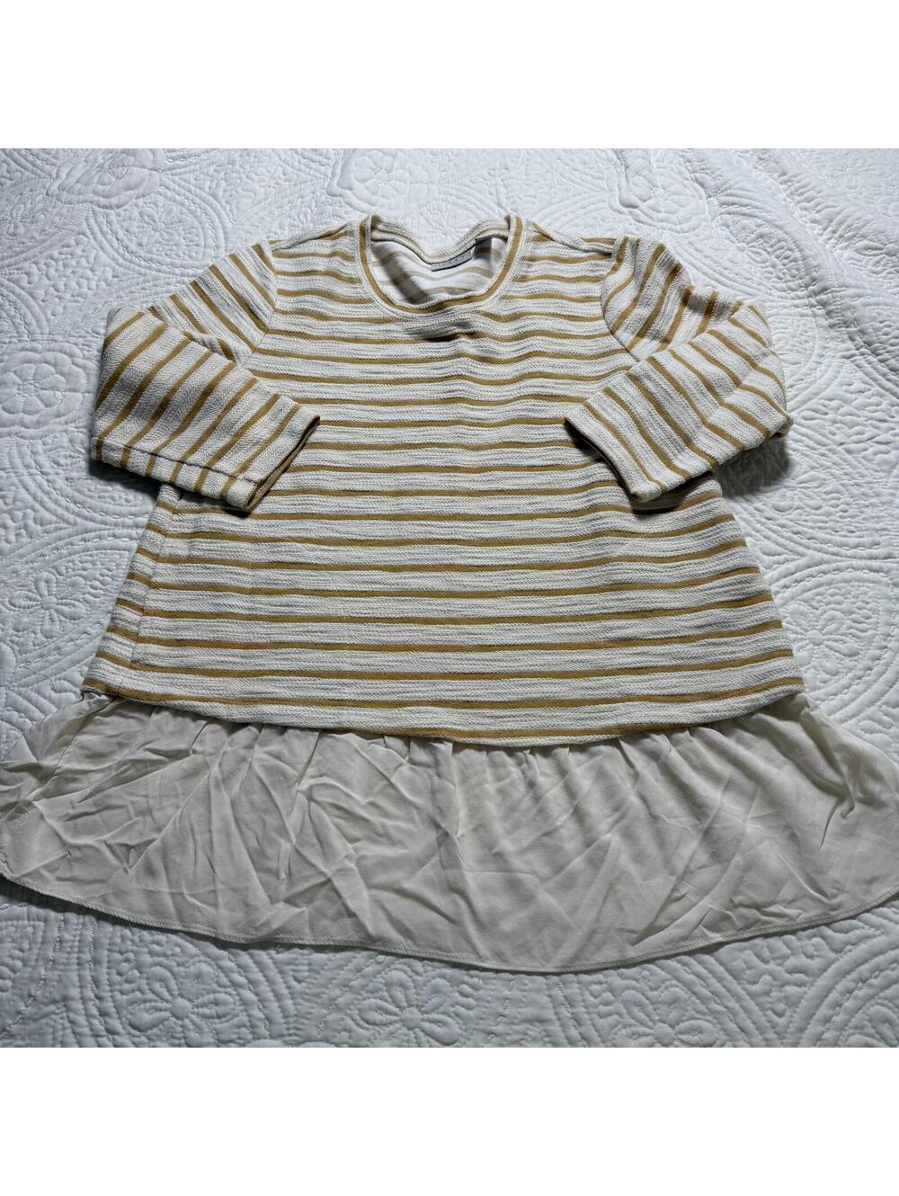 LOGO Lori Goldstein SZ XS Gold/Cream Knit top Peplum Cream Bottom‎ 3/4 Sleeve